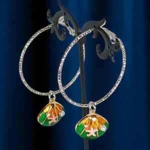 Large Silver Hoop Earrings with Colorful Seashell Charms Oceancore Seaside Beach